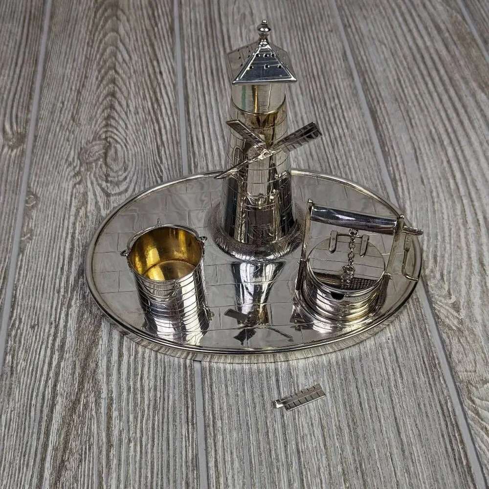 Victorian Silver Plated Novelty Cruet Set with Engraved Windmill Style Pepper Po